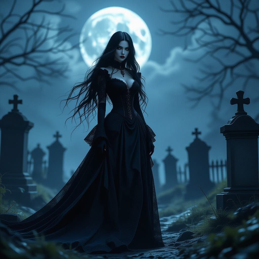 Gothic Vampire Queen in Graveyard, Dark Fantasy Art