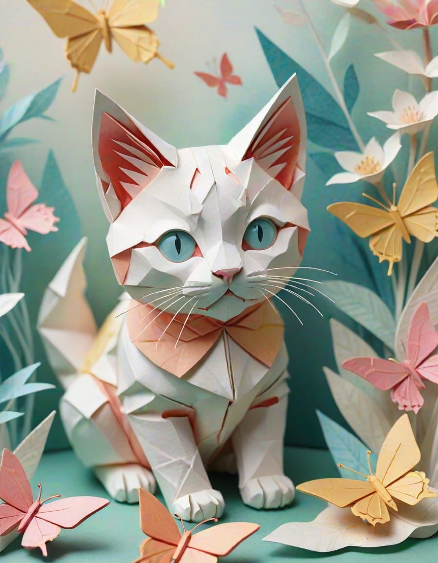 Whimsical Origami Kitten Admires Butterfly Companion