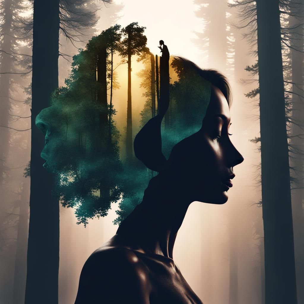 Double Exposure: Forest Silhouette in 8k Resolution