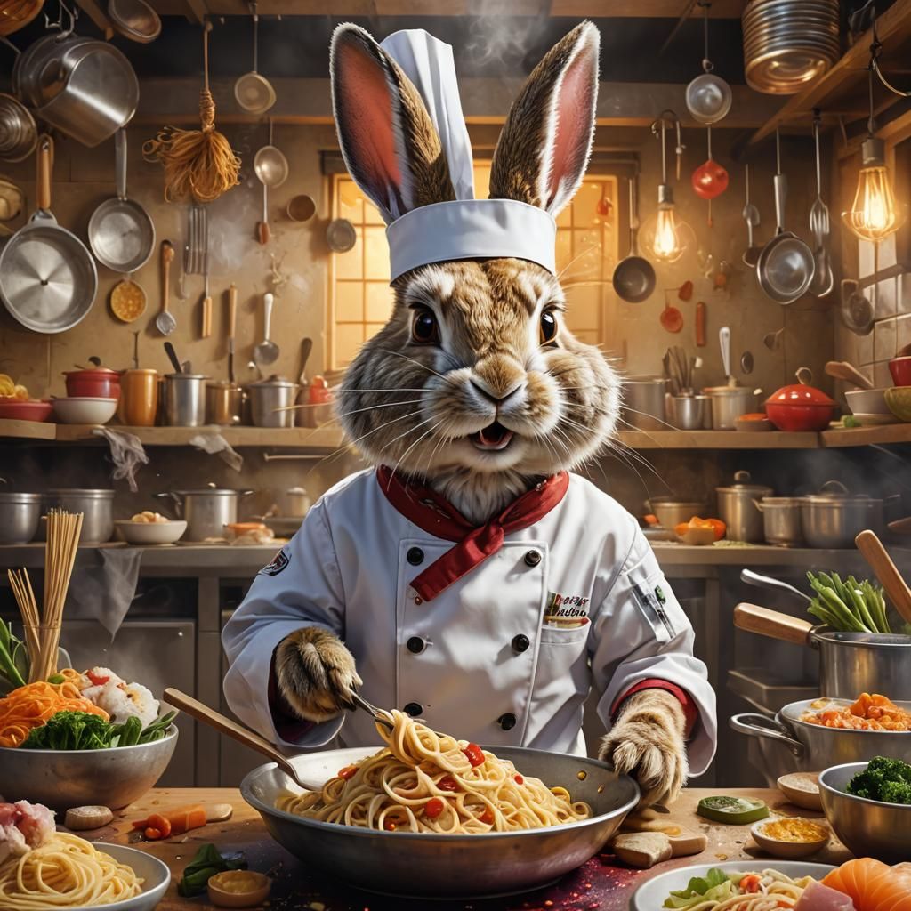 Rabbit Chef Crafts Pasta and Sushi: Fantasy Art