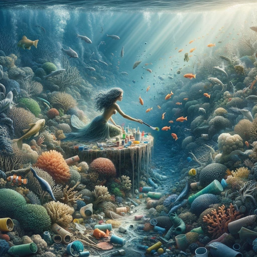 Mermaid Restoring Coral Reef with Magic Paintbrush