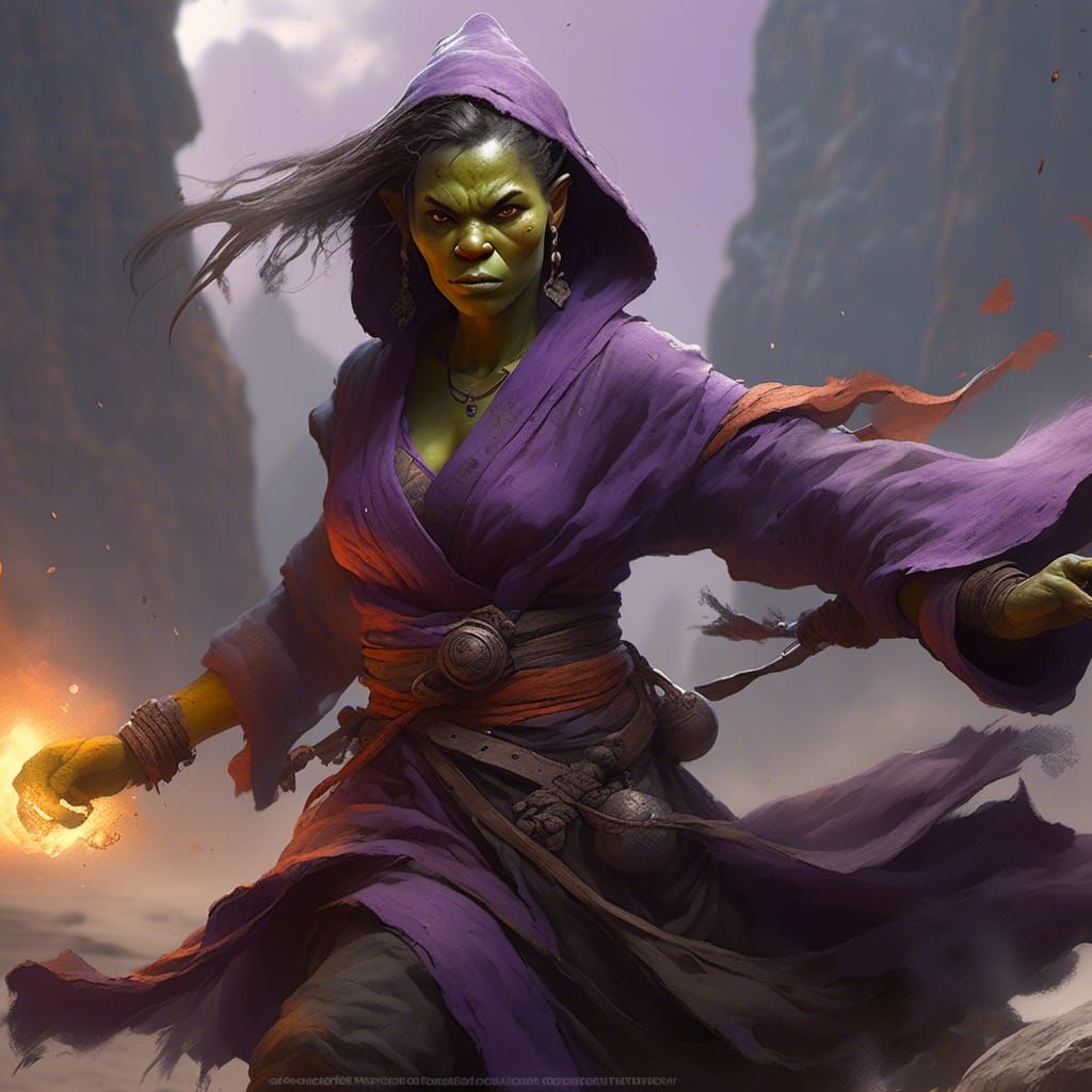 Half-Orc Monk in Purple Robe, Fantasy Art