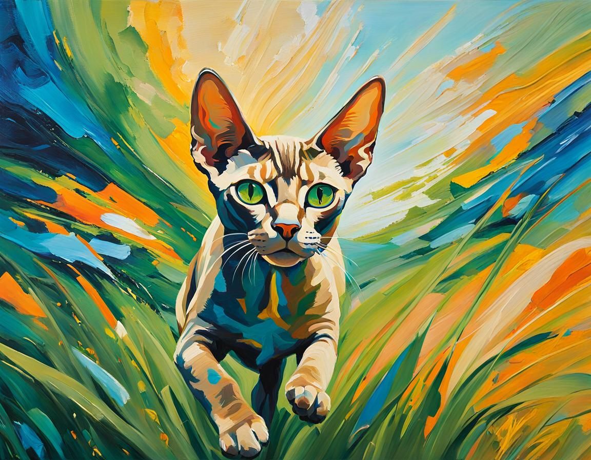 Egyptian Cat Mid-Pounce: Expressionist Impasto Painting