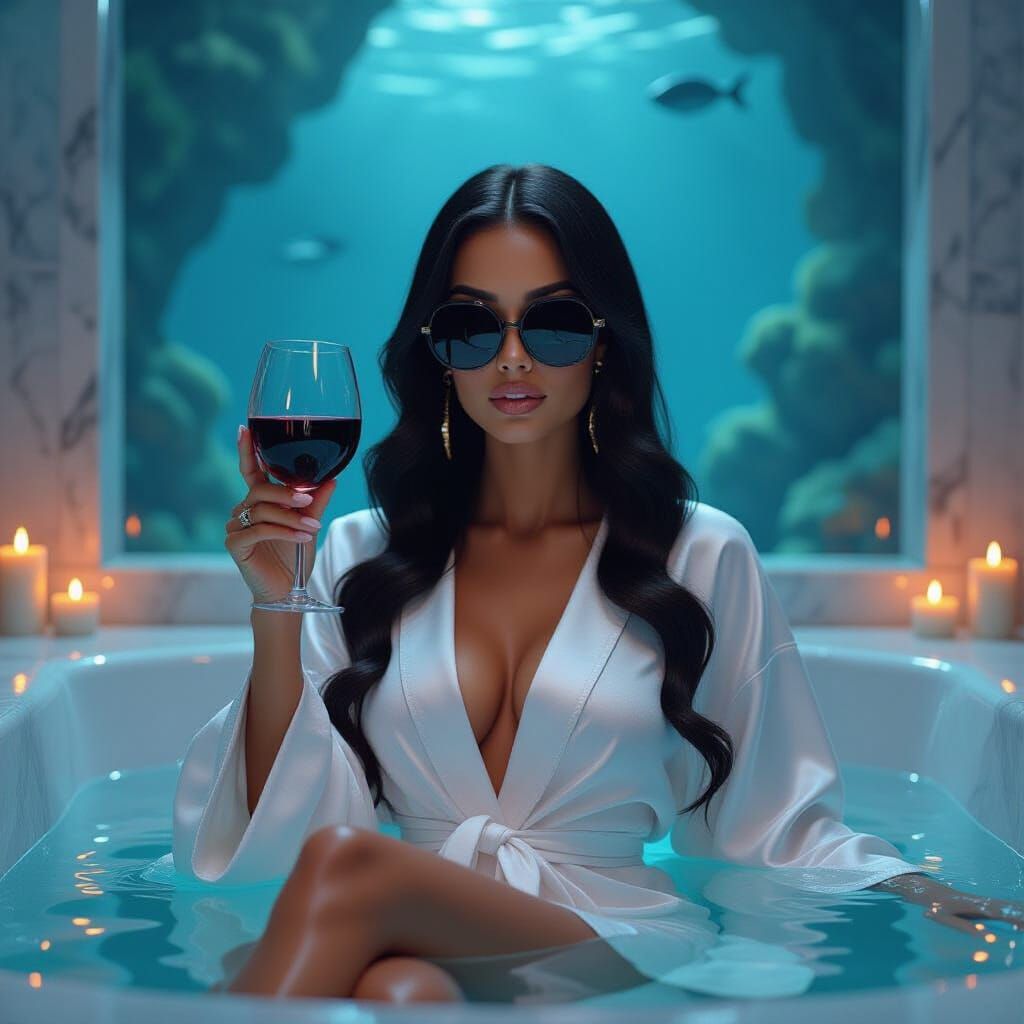 Glamorous Woman in Jacuzzi with Wine, Futuristic Realism