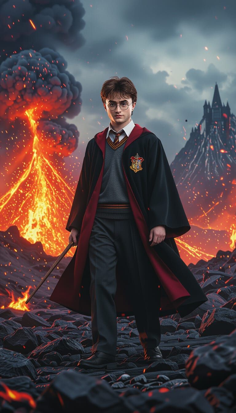 Harry Potter in Volcanic Landscape: Hyperrealistic 3D Art