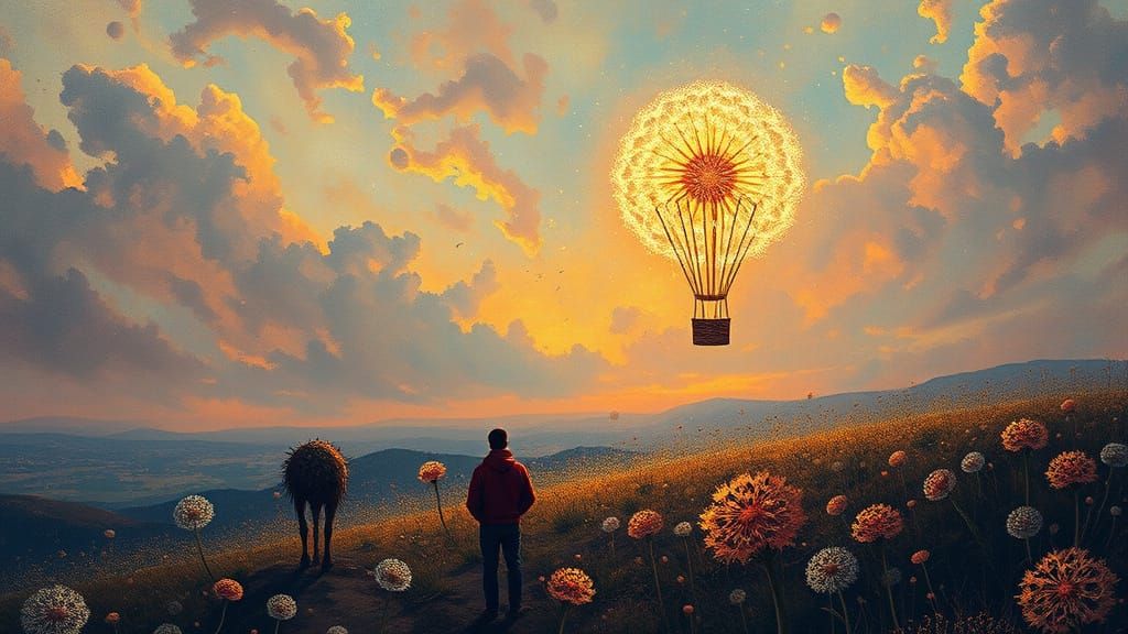 Dandelion Balloon in Utopian Psychedelic Landscape
