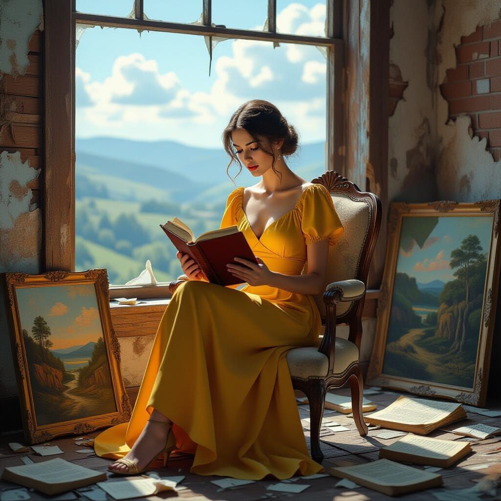 Woman Reading Book in Distressed Hyper-Realistic Scene