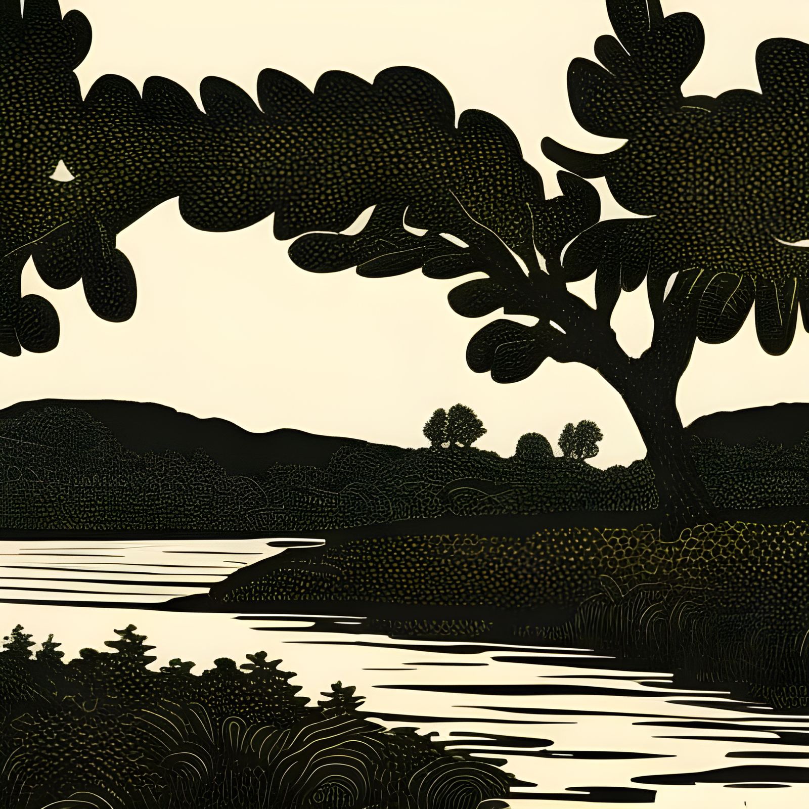 Linocut Fisherman on Perthshire River with Trees