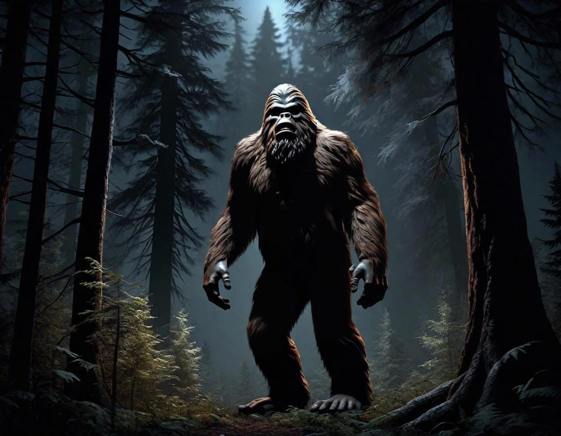 Hyperrealistic Bigfoot in Dark Forest