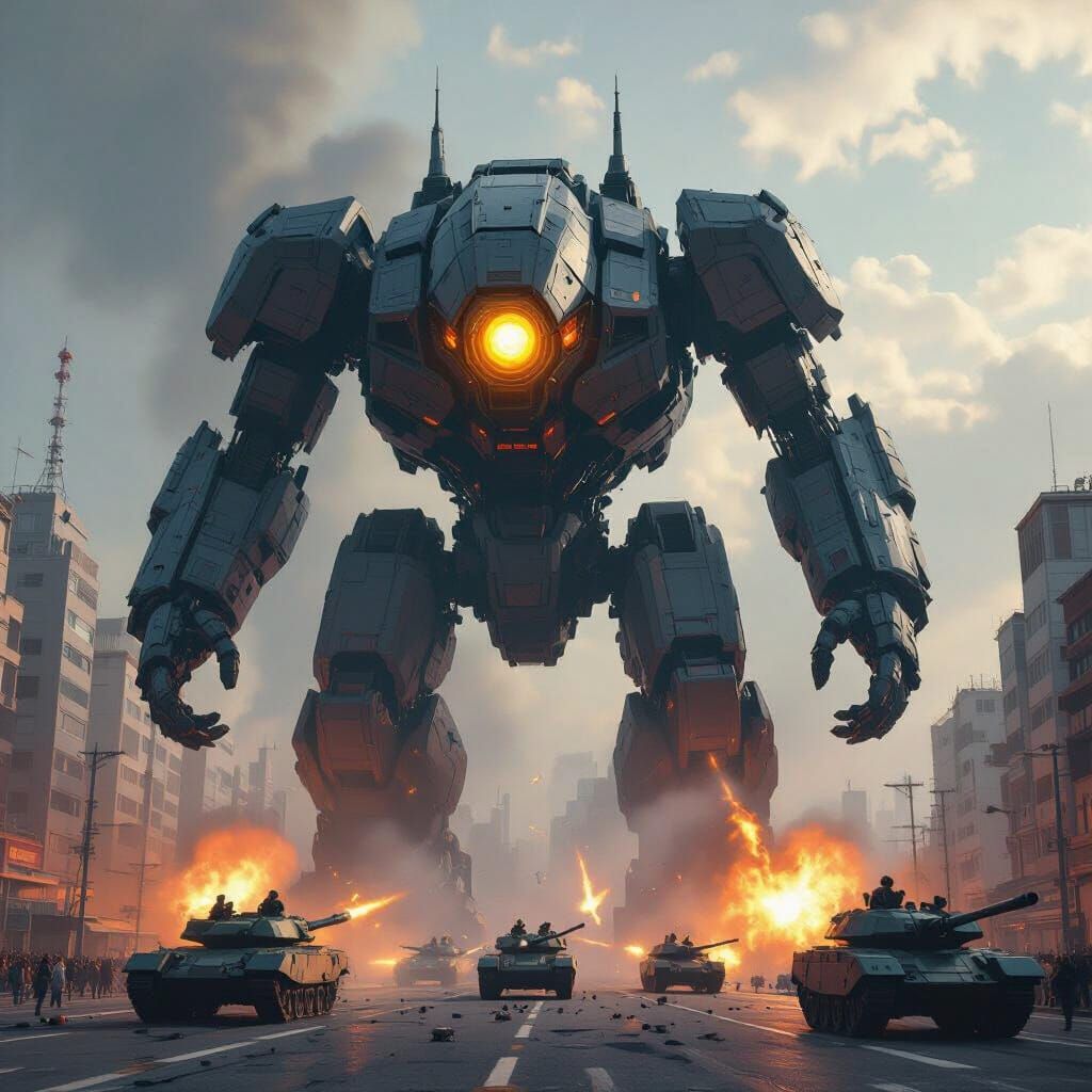 Giant Alien Robot Attacks Tokyo, Dodging Tank Fire