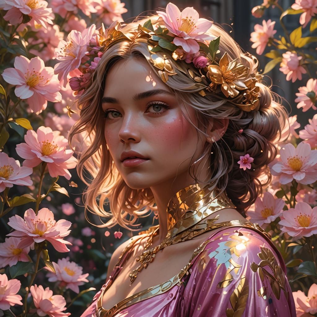 Golden Hour Pink Flowers Portrait in Art Nouveau Style