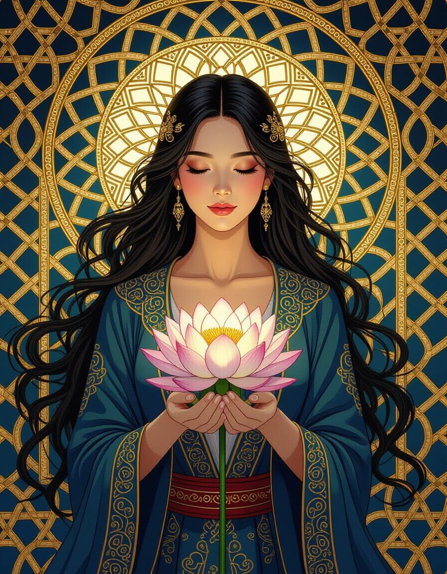 Lotus Serenity in Gold and Sapphire Patterns