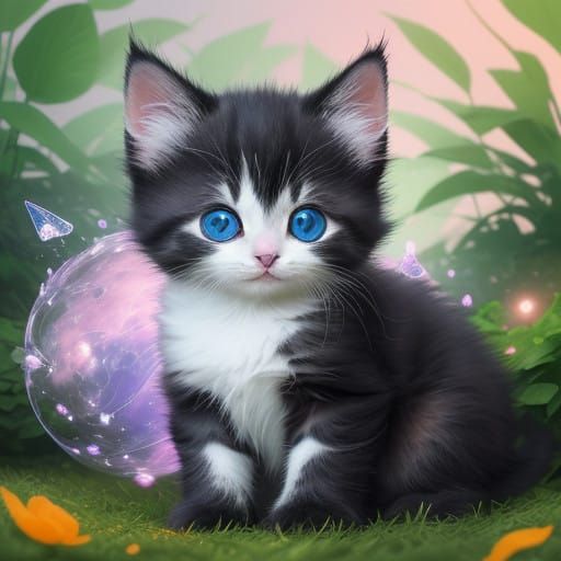 Whimsical Kitten Playtime in a Dreamlike Garden