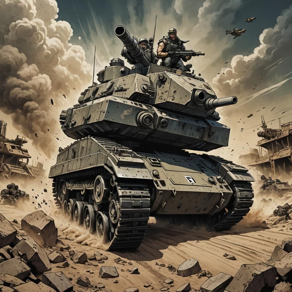 In a high-speed Mad Max style intensity, a chibi cartoon general is racing in a wacky races "Army Surplus Special" tank ...