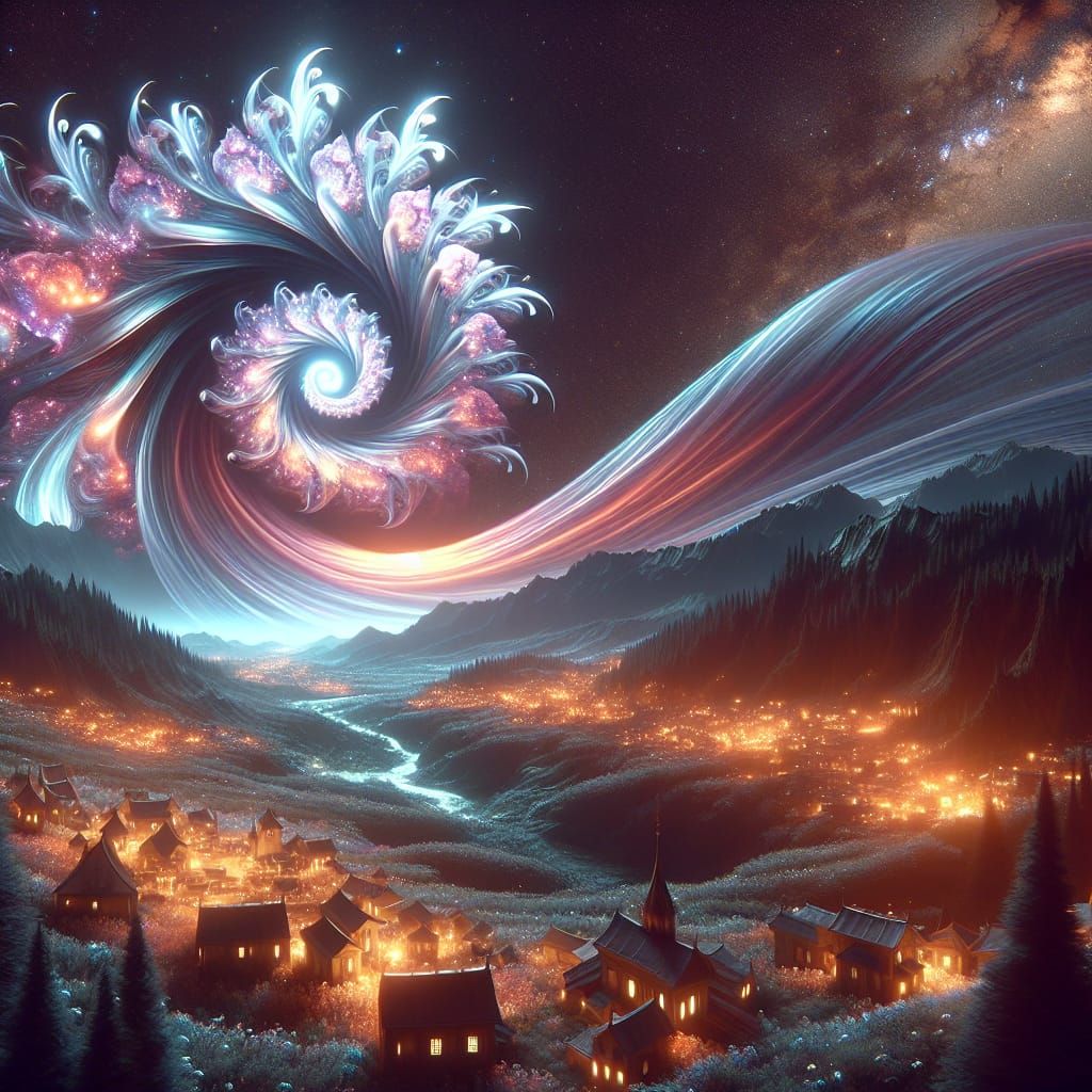 Epic Science Fiction Galaxy Over Alien Village