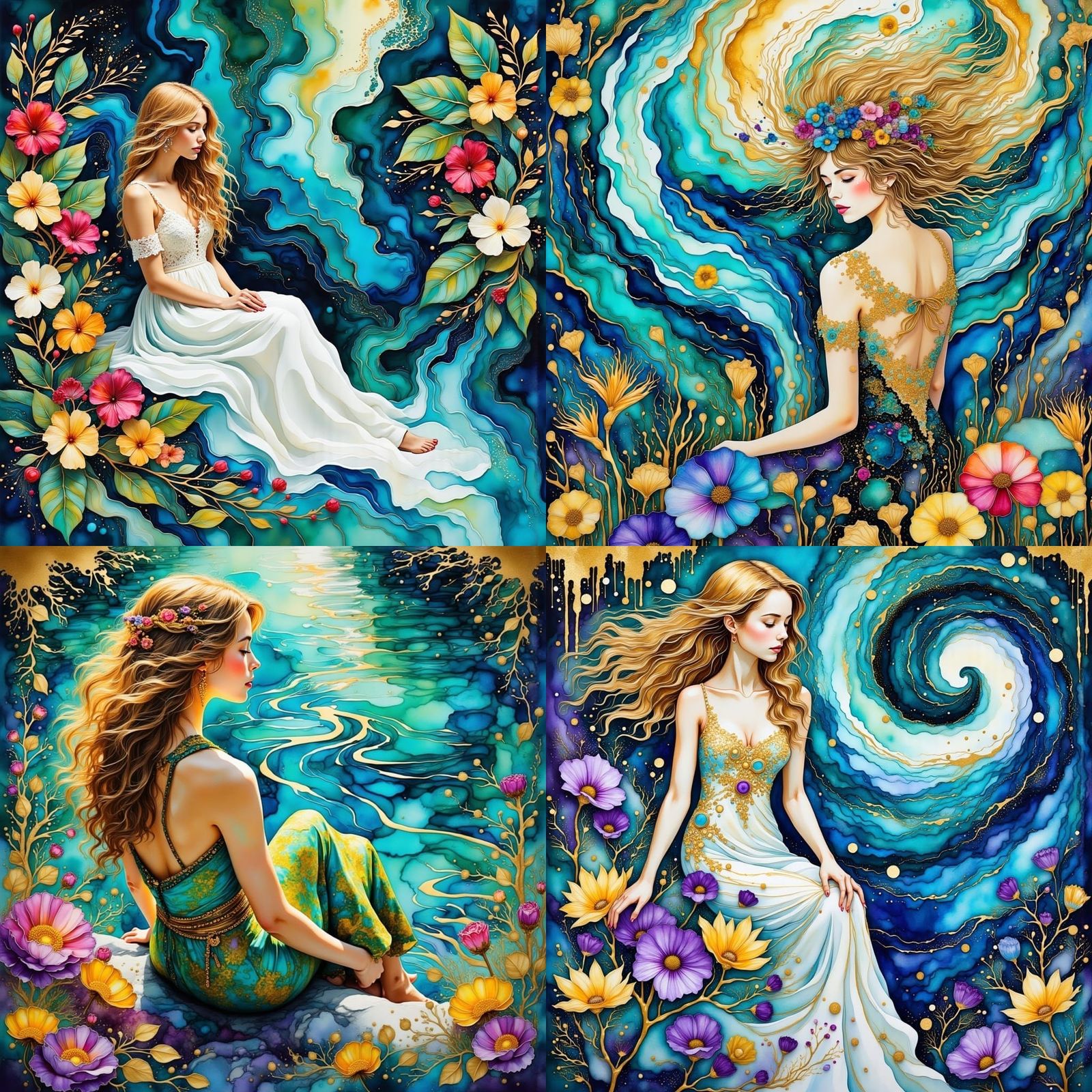 Whimsical Riverbank Scene with Golden Hair