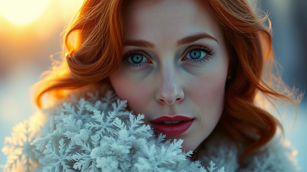 Ethereal Frosty-Inspired Woman with Fiery Red Hair in Cinema...