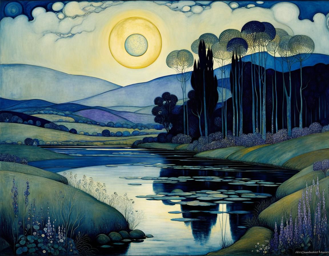 Surreal Night Landscape with Violet Hues and Mystical Atmosp...