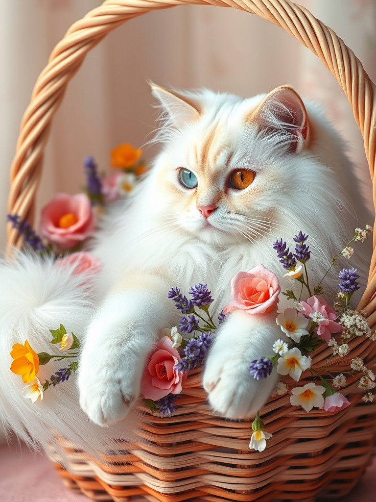 Majestic White Cat with Heterochromia in Floral Basket