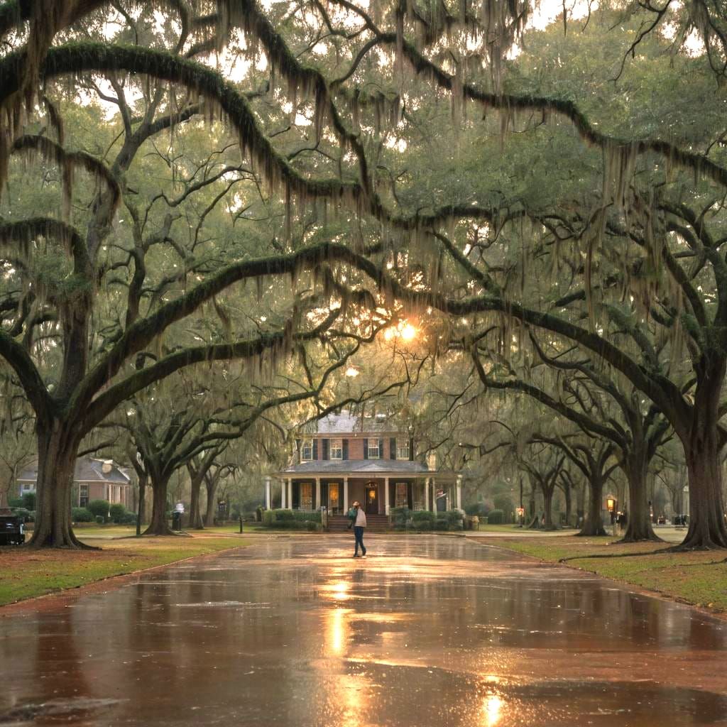 Oglethorpe square, downtown Savannah Georgia, grass, benches, live oaks with Spanish moss, Mercer House, sunset with sun...