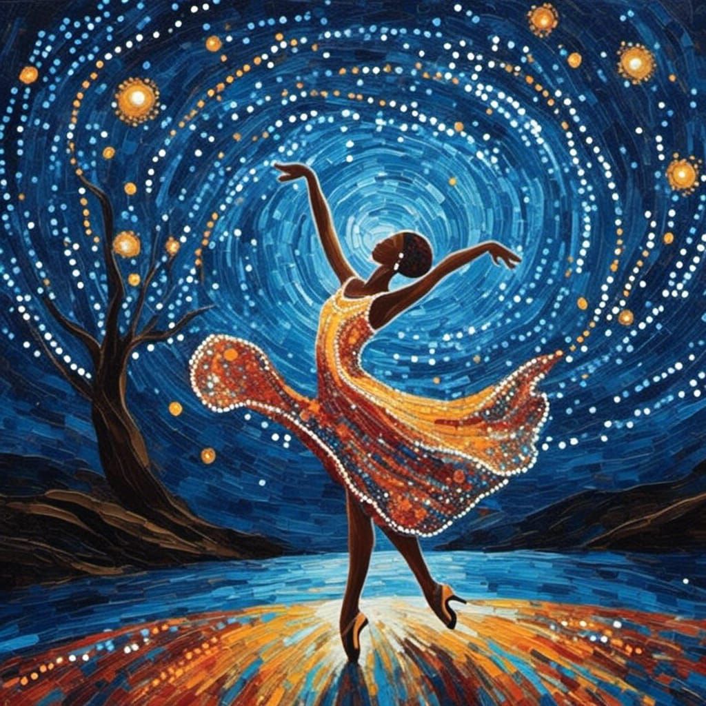 Dancer Under Falling Stars in Ethereal Oil Painting