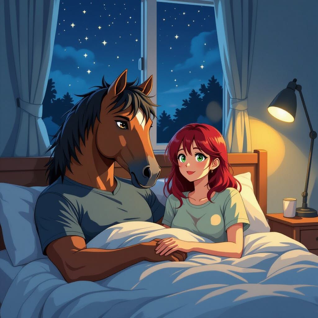 Surreal Horse-Headed Man in Bed, Anime Style