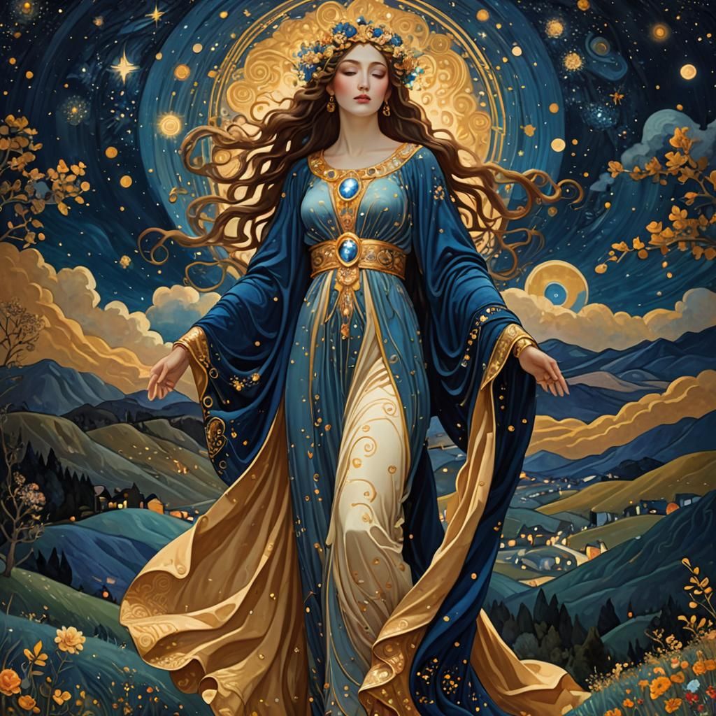 Celestial Goddess Under Starry Night Sky, Klimt-Inspired