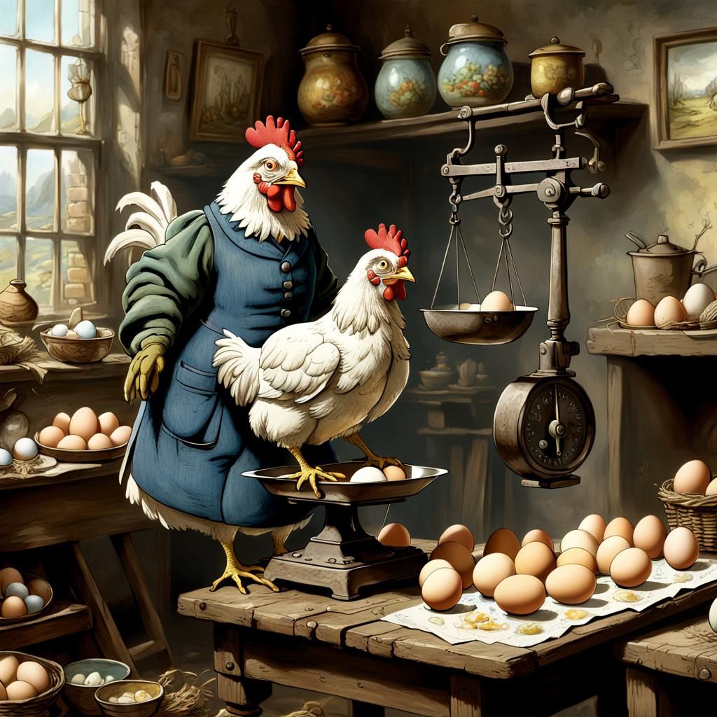 Chicken Weighing Eggs: A Whimsical Illustration