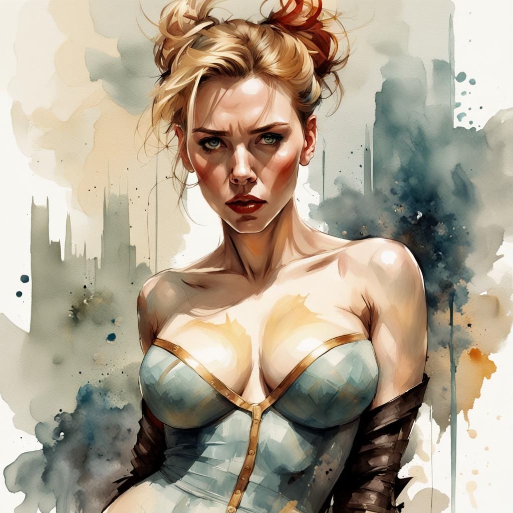 Scarlett Johansson with dressed as in the style female Superhero culture visuals, Digital watercolor I...
