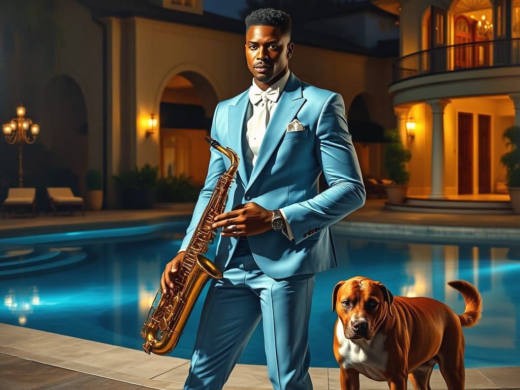 Handsome Man in Tuxedo with Saxophone by Pool