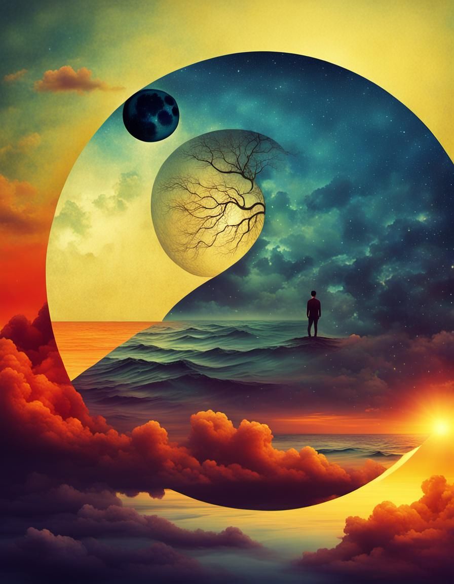 Yin Yang Beach Sunset in Surreal Style