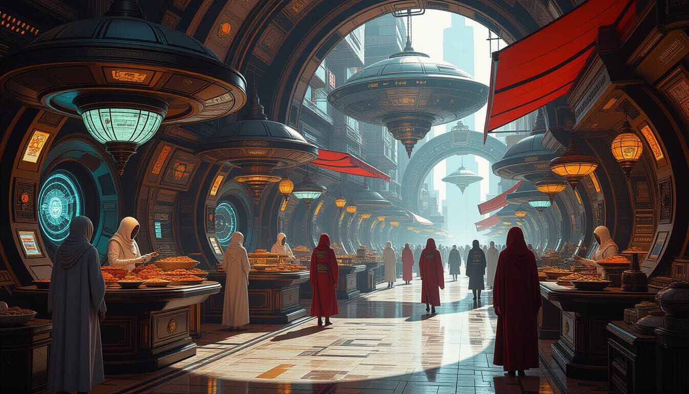 Bustling Alien Market in Hyperrealistic Style