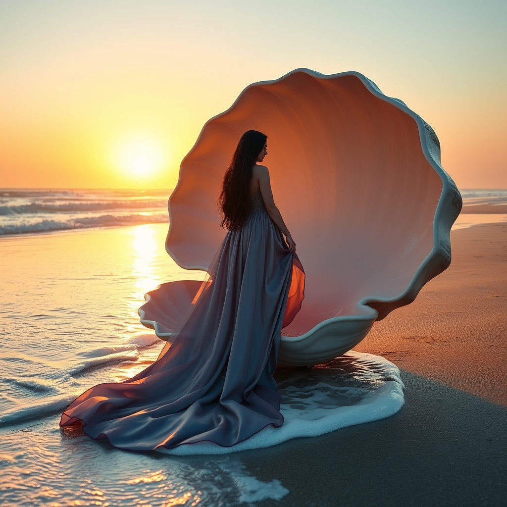 Stunning Mermaid Emerges from Glowing Shell on Serene Beach...