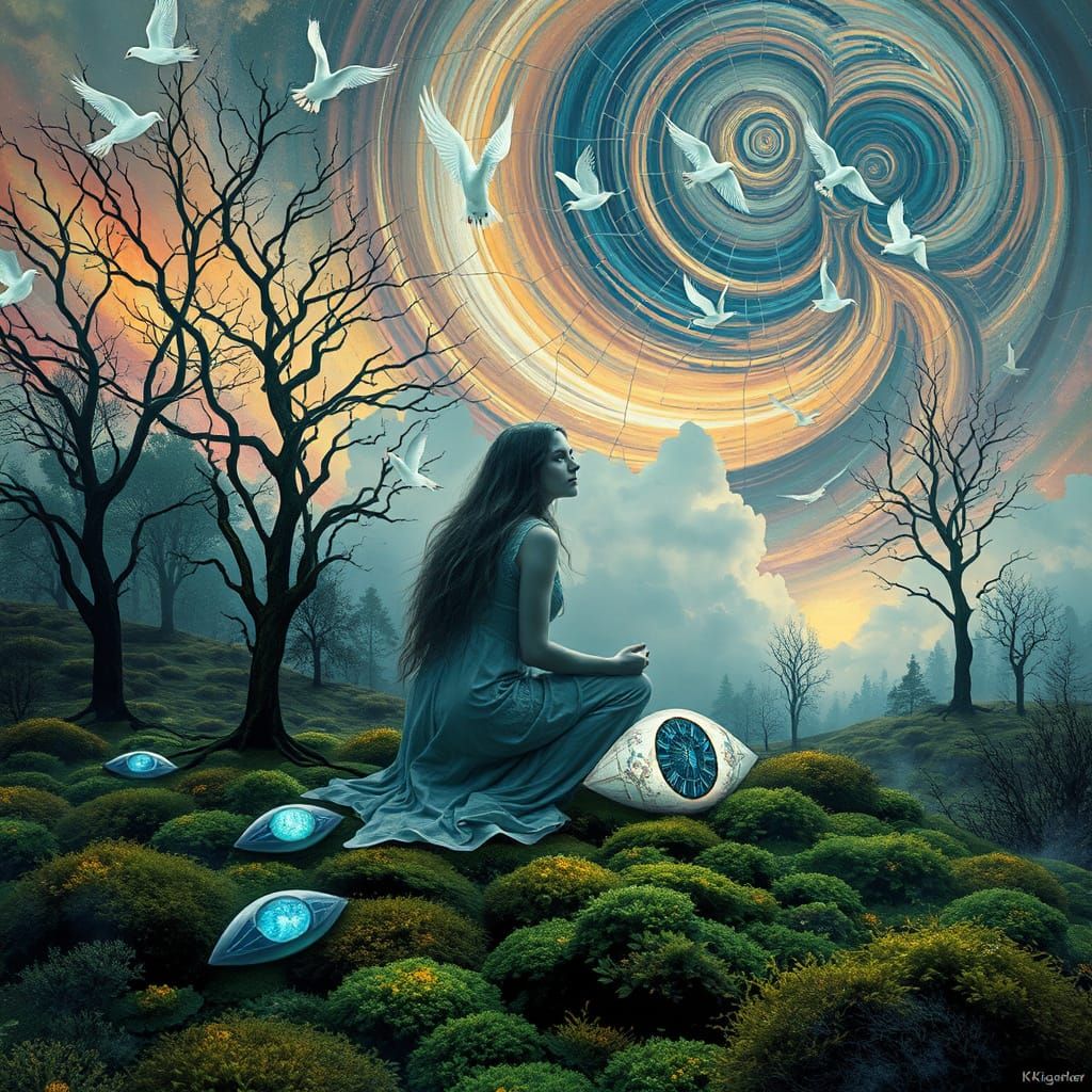 Surreal Dreamlike Collage with Glowing Mythical Creatures