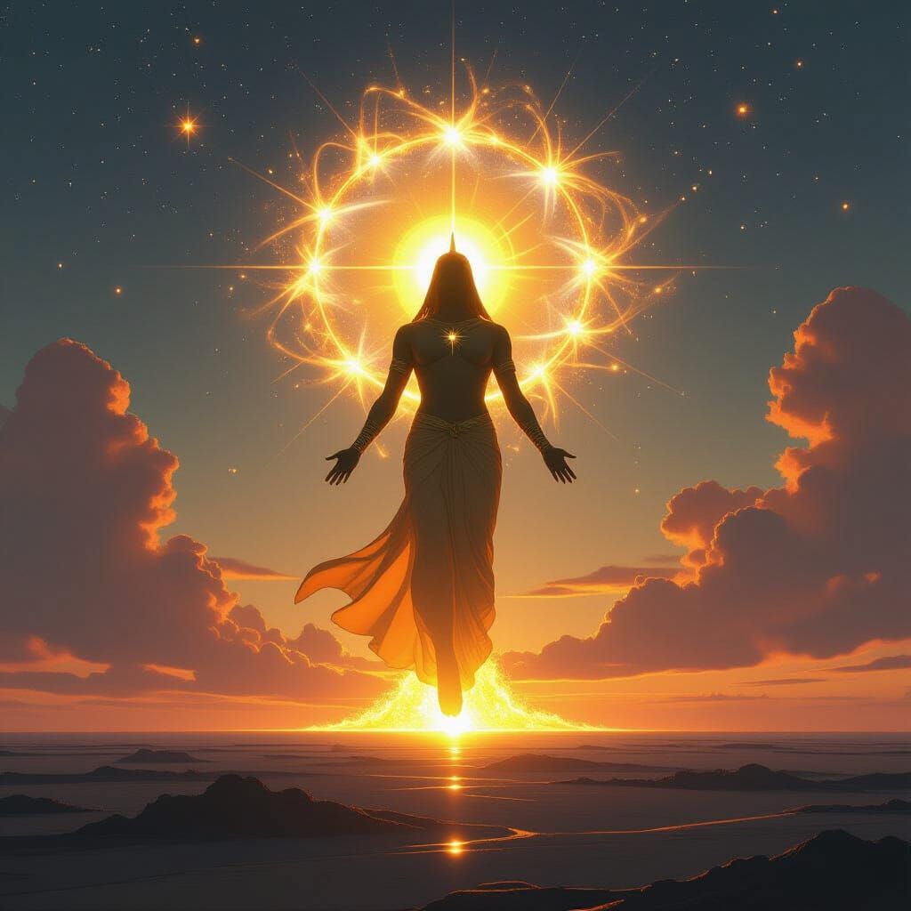 Radiant Deity Rising Above Horizon with Galactic Halo