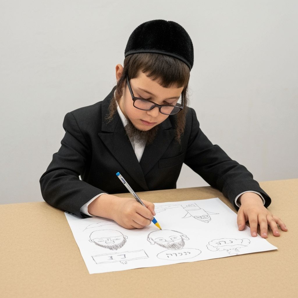 Young Hasidic Boy Engaged in Creative Drawing