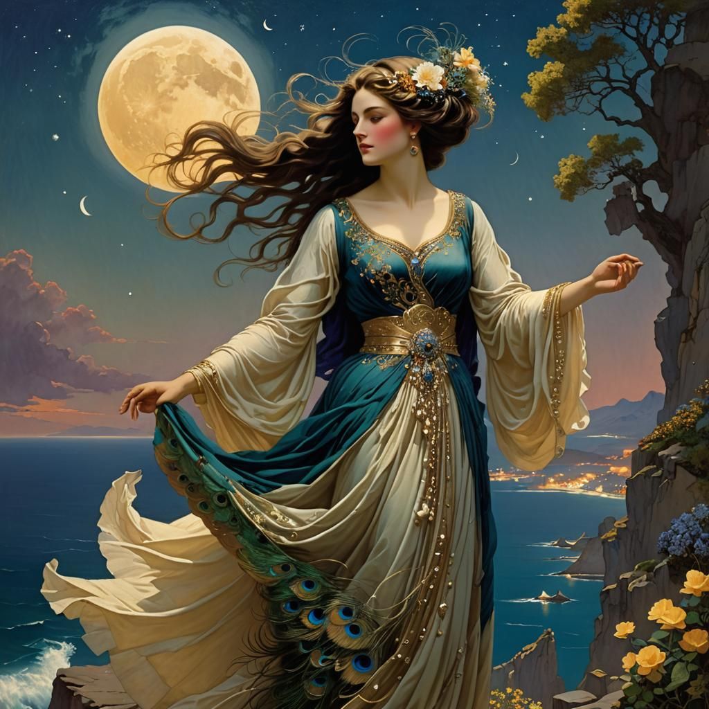Woman Dancing by Moon in Parrish Style