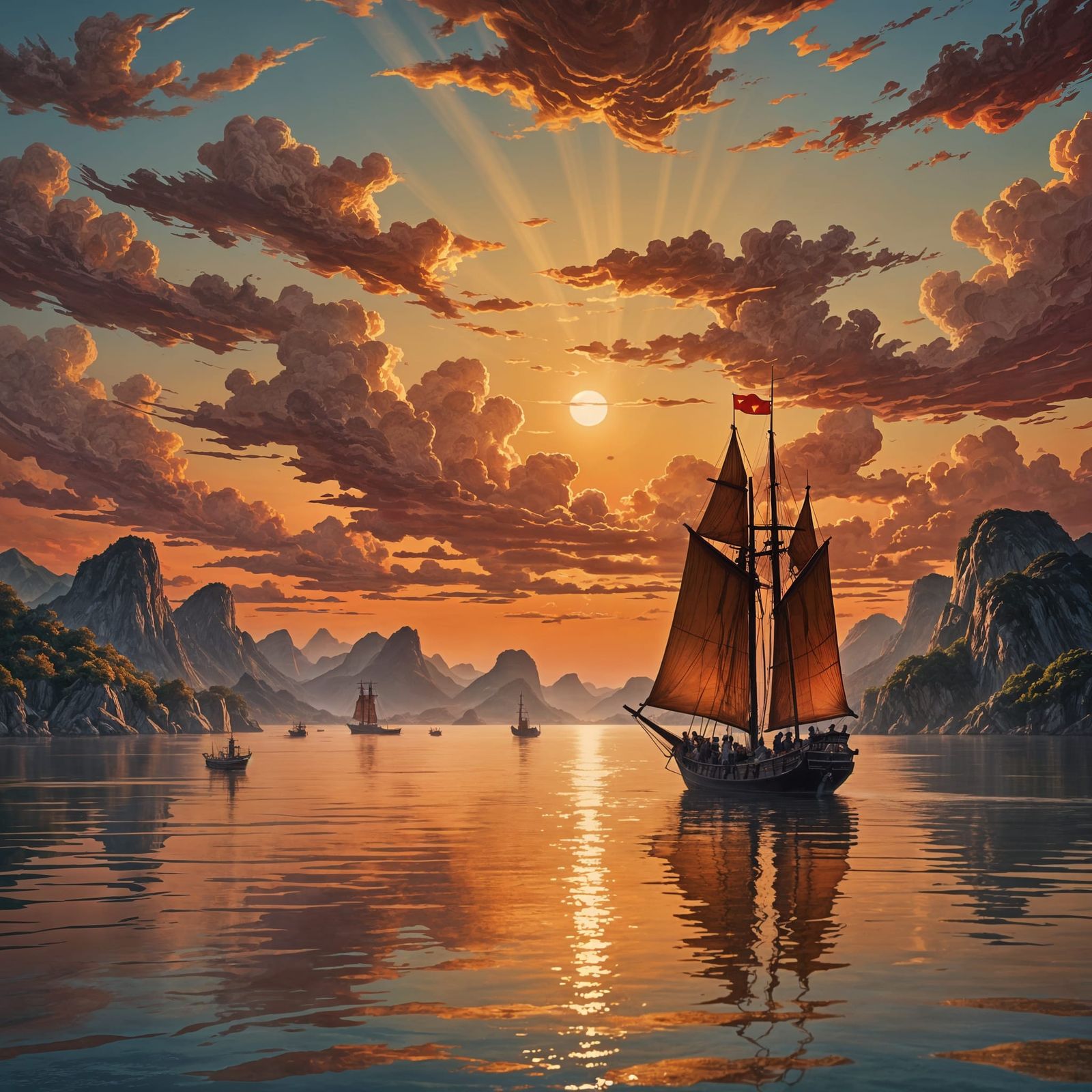 Chinese Junk Sails Calm Bay at Sunset