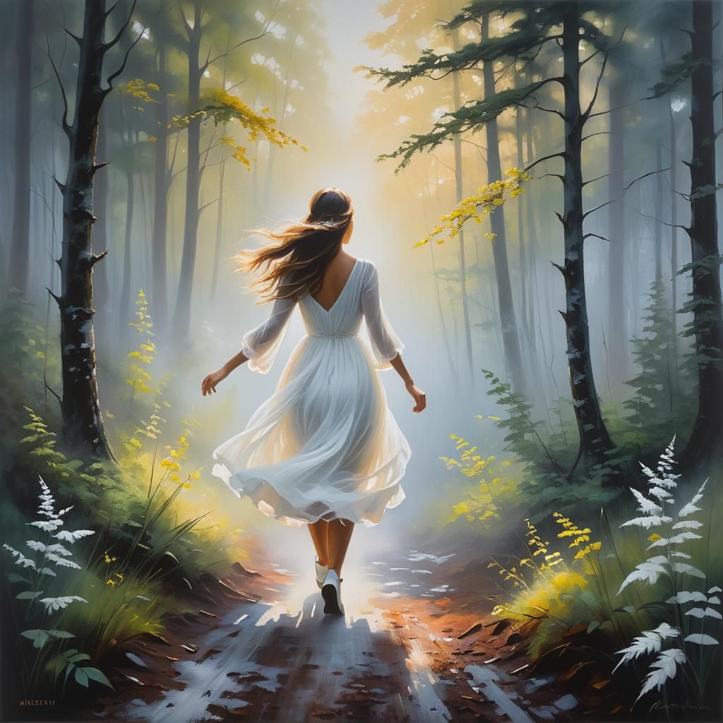 Impressionistic acrylic painting. Medium shot. Girl in white...