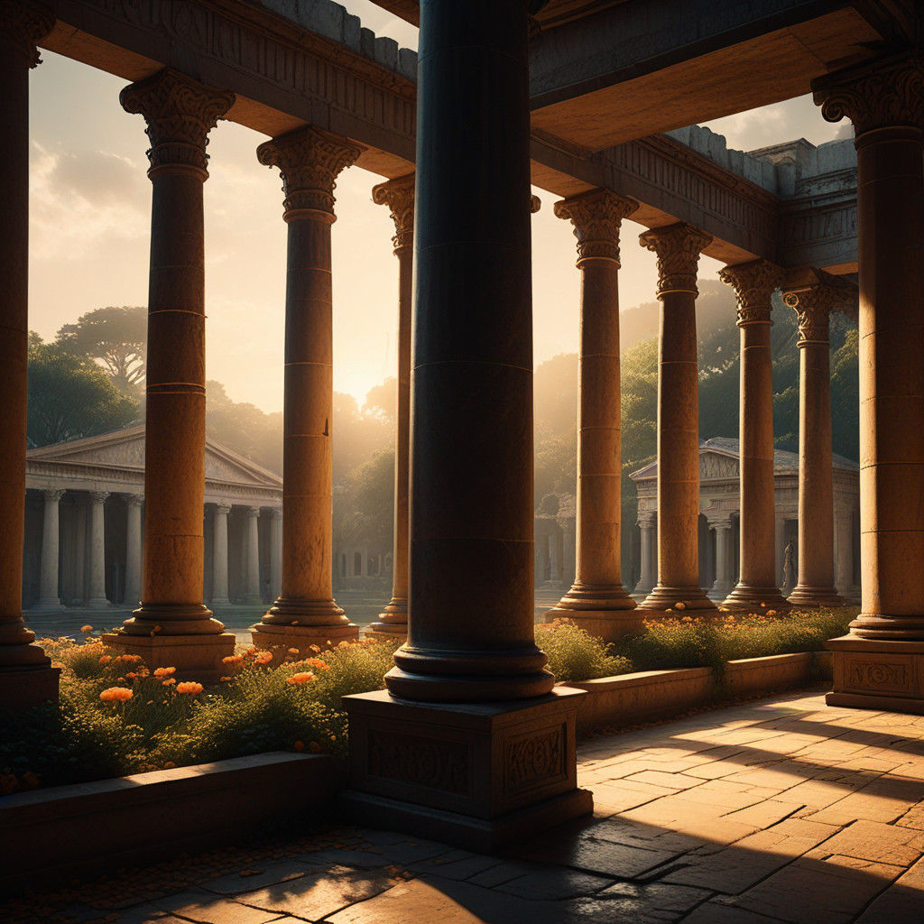 Aristotle Contemplates in Grand Ancient Greek Garden