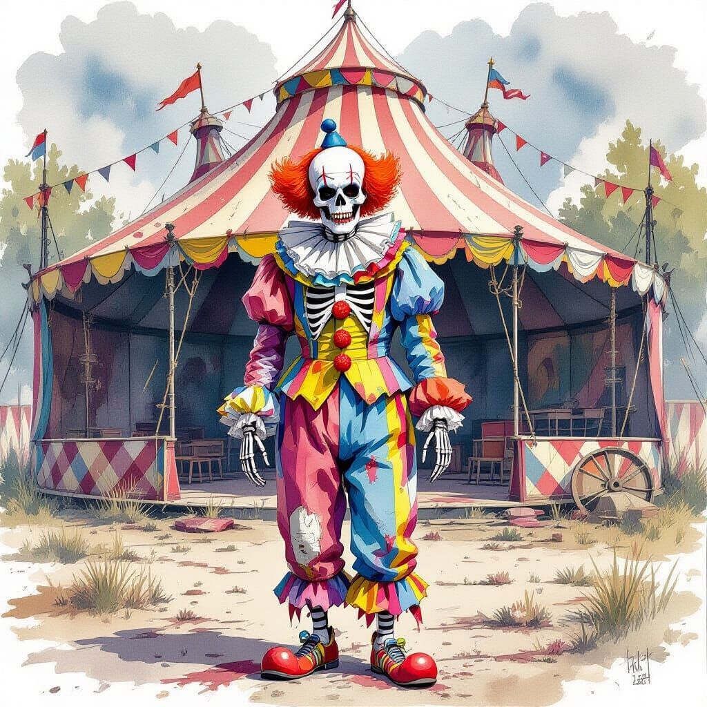 Clown Skeleton in Abandoned Circus: Watercolor Illustration