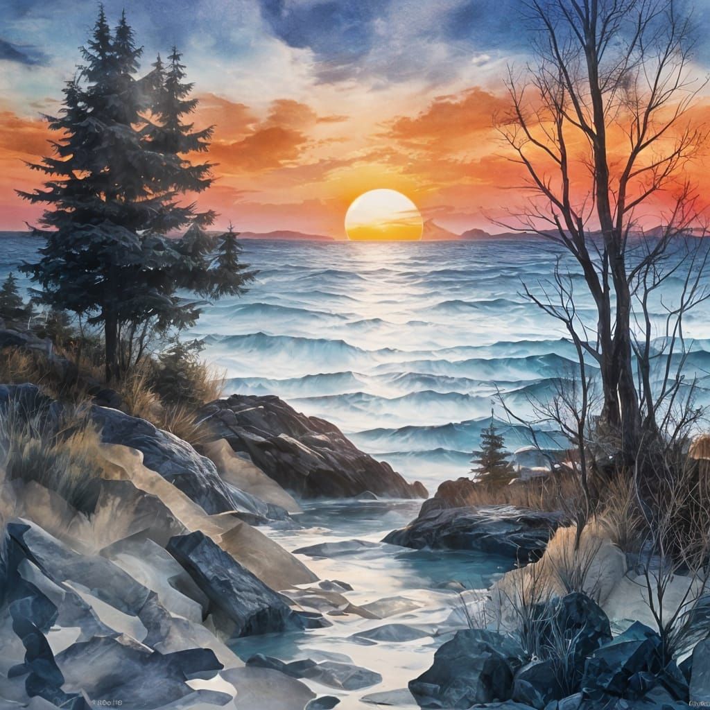 Lake Superior Sunrise: A Watercolor Matte Painting