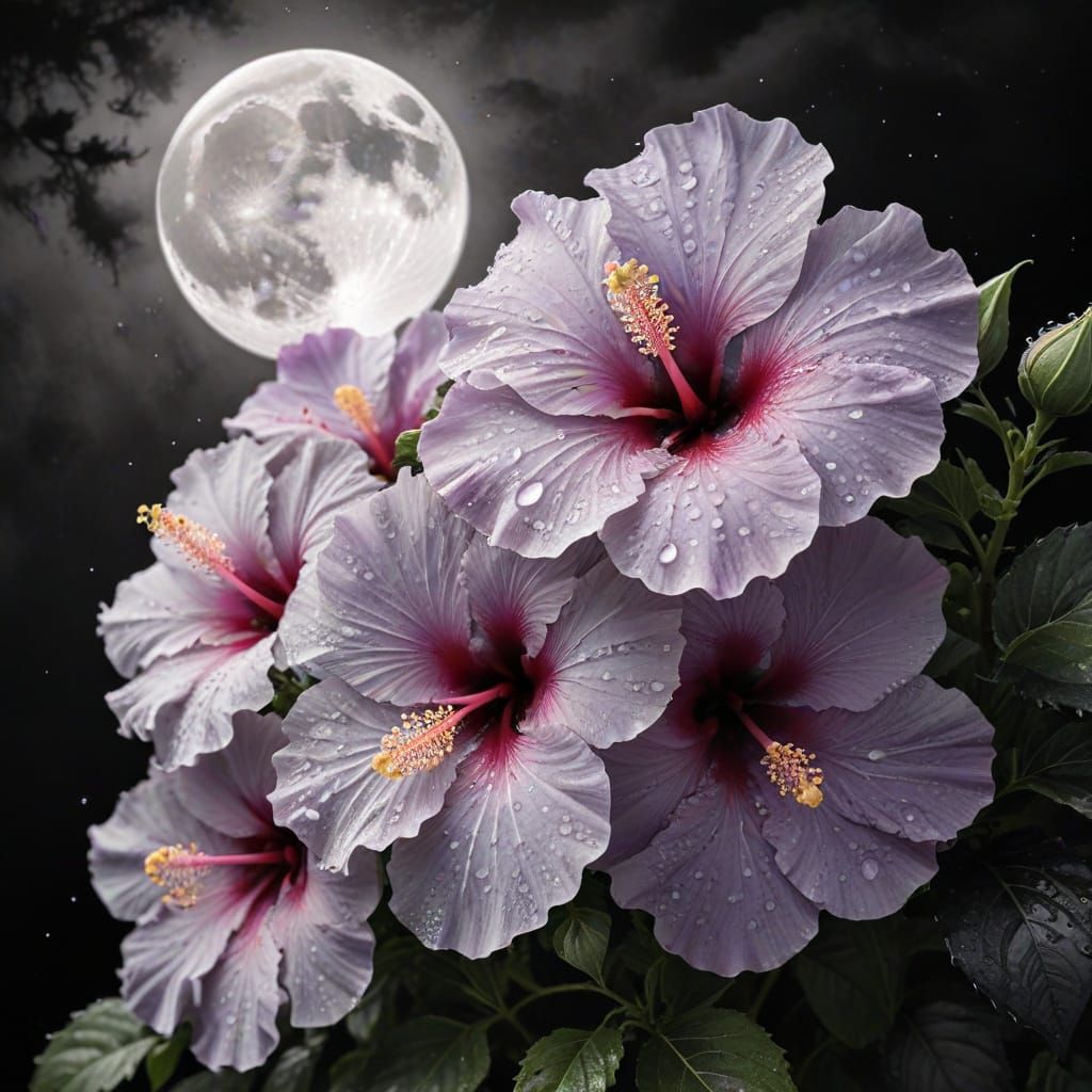 Hibiscus Flowers with Moon in Black and White
