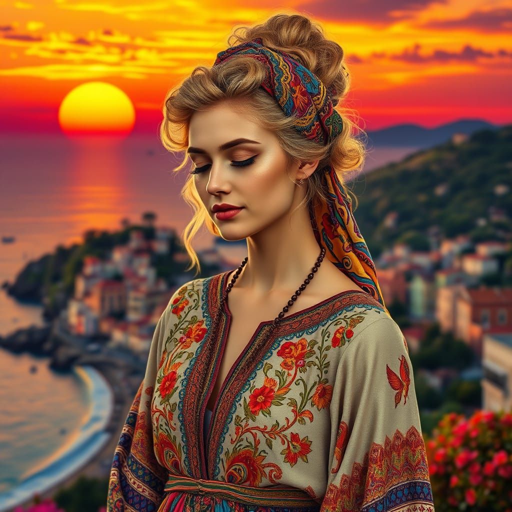 Bohemian Woman in Sunset, Alphonse Mucha Style