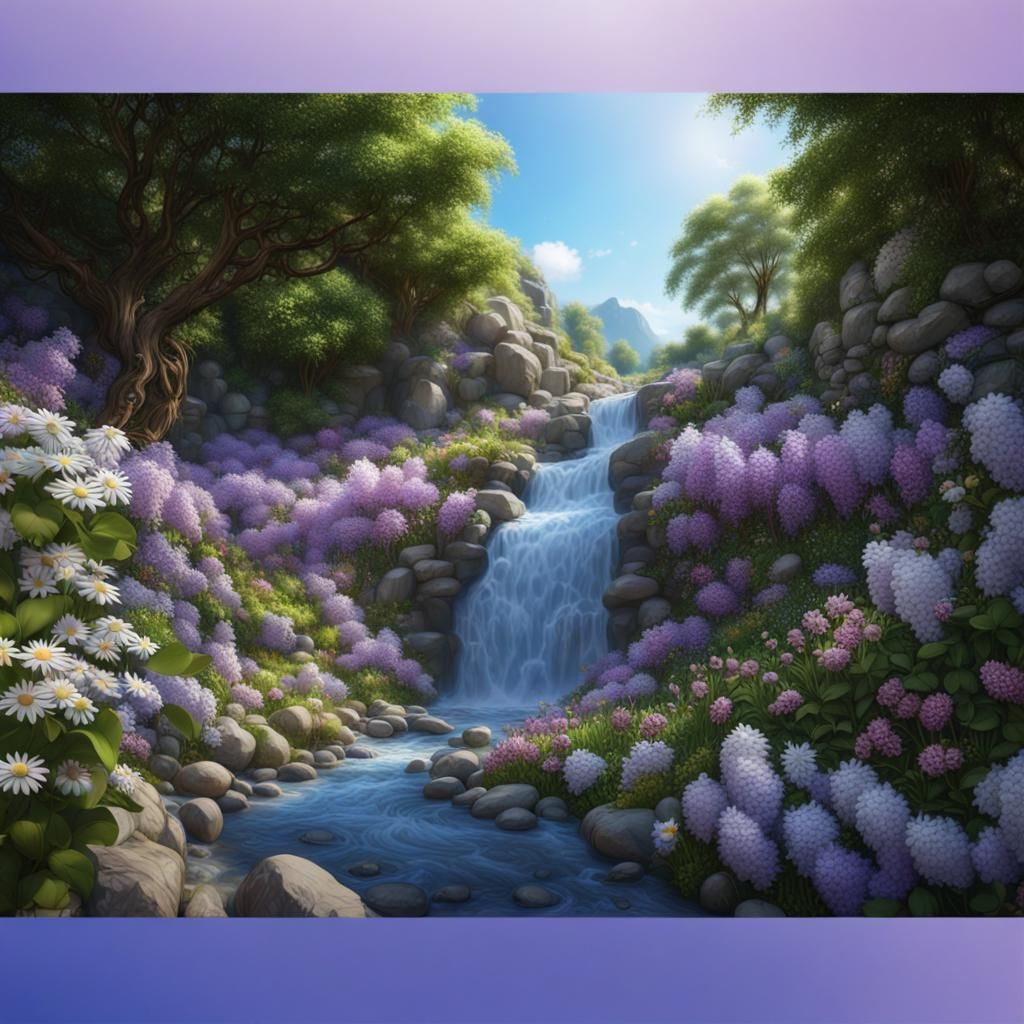 Waterfall Scene with Flowers, Matte Painting Style