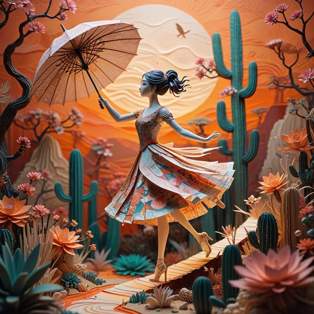Girl on a Tightrope in Vibrant Papercraft Artwork