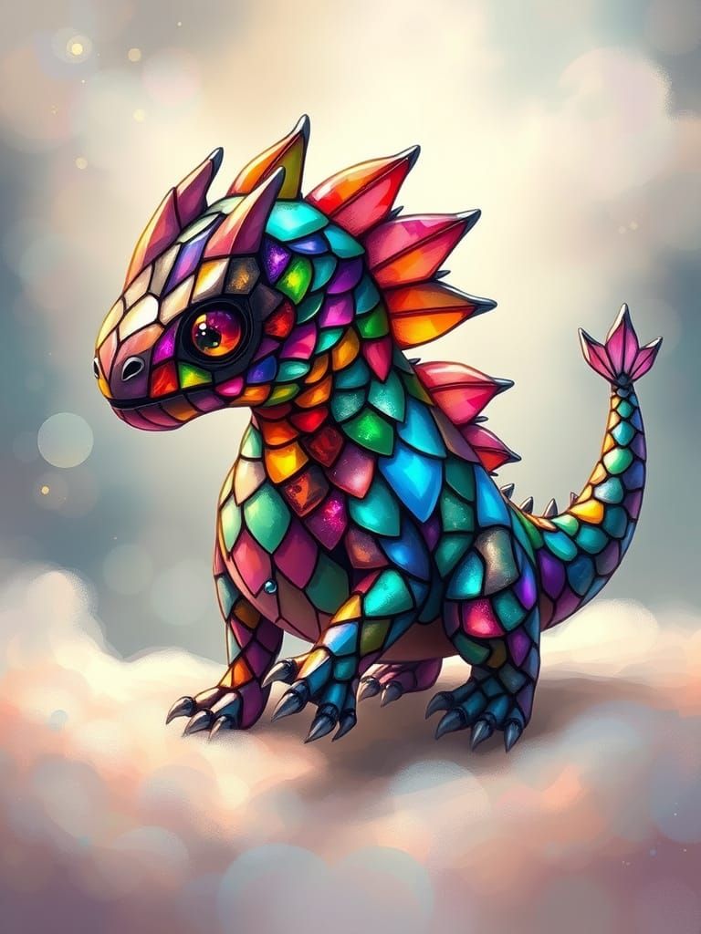 Whimsical Stained Glass Monster in Vibrant, Dreamy Landscape