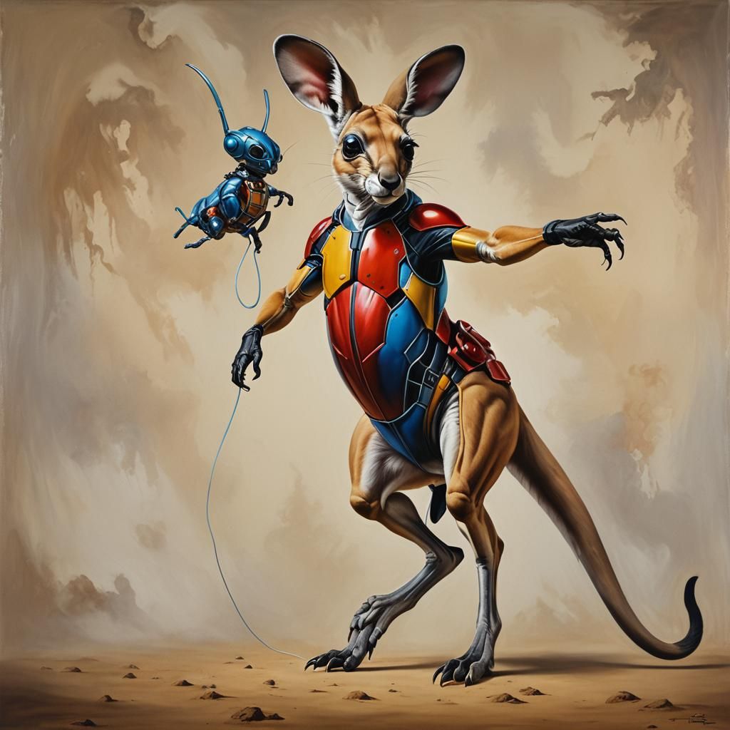 Hyperrealistic Kangaroo as Ant-Man in Surrealist Style