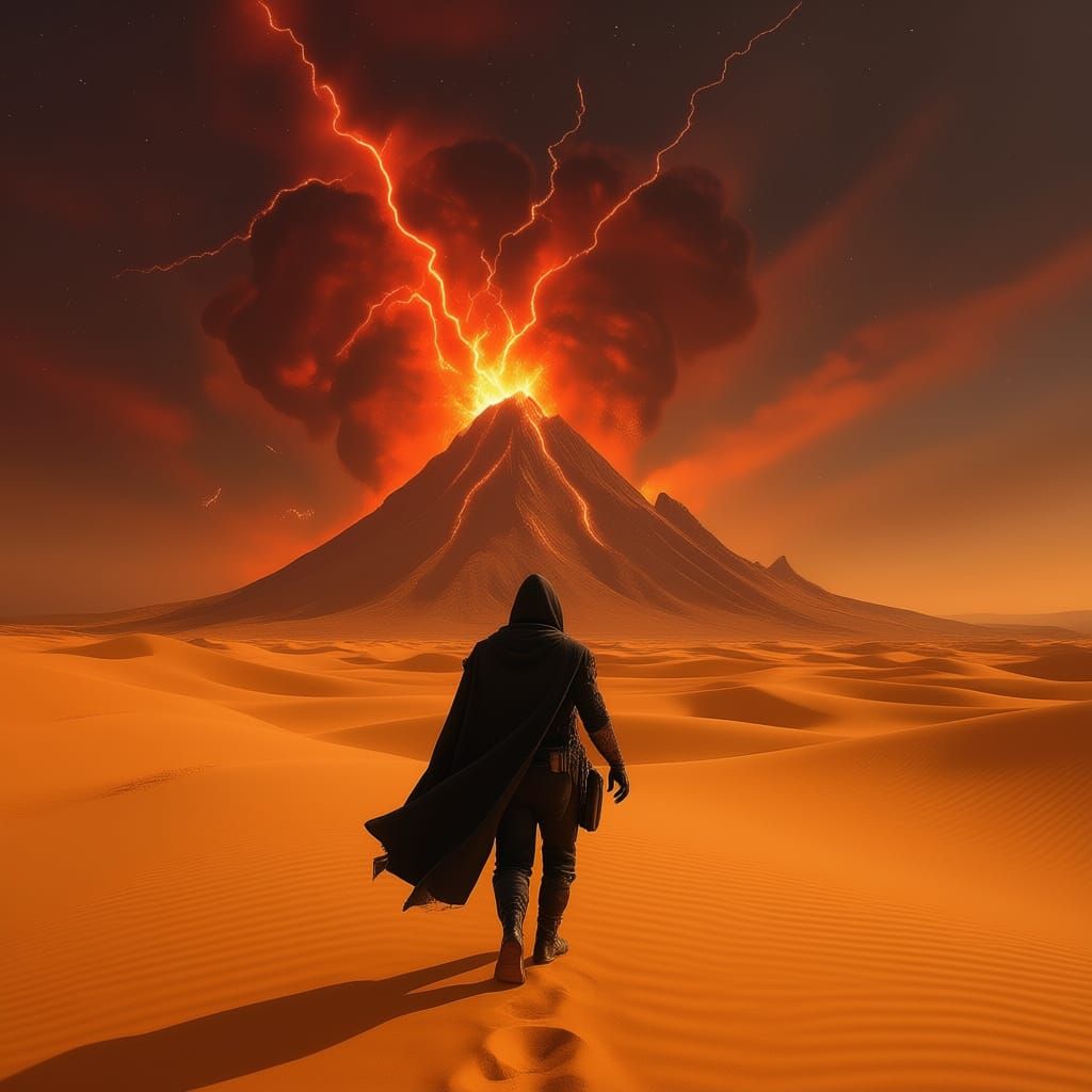 Man in Desert Under Fiery Mountain Eruption