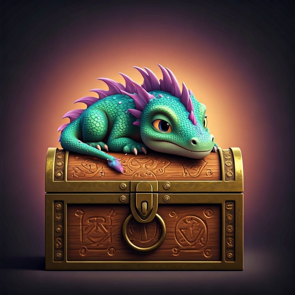 Green and Purple Dragon on Treasure Chest
